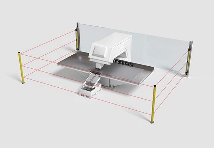 多光束安全光柵 MLD 300/500 與 UMC 鏡柱結(jié)合使用