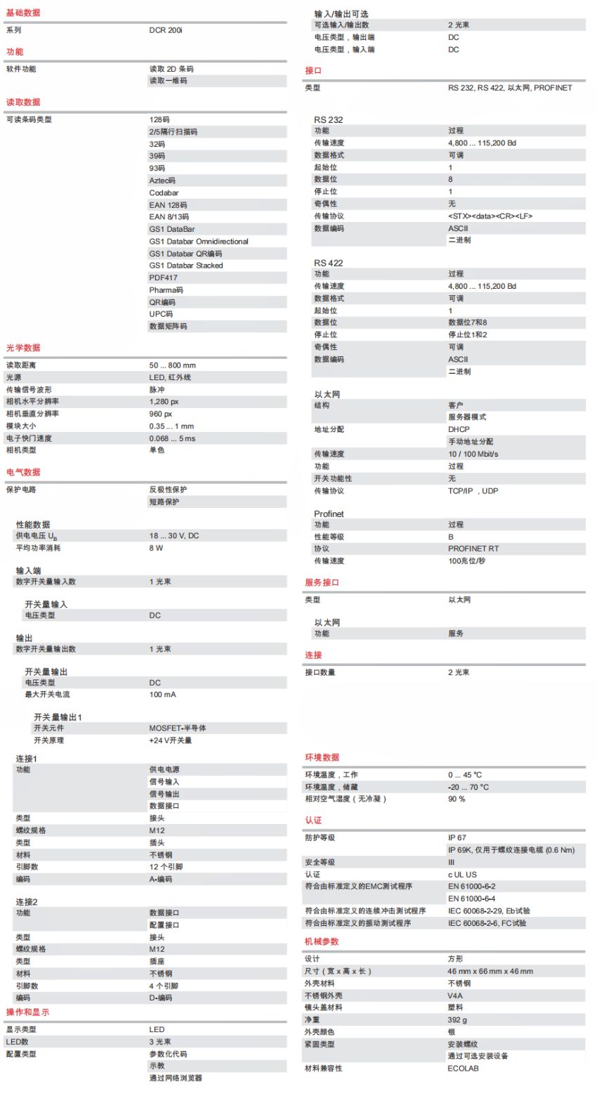 DCR 248i FIX-L1-102-I3-V 條碼閱讀器的技術(shù)規(guī)格明細(xì)表